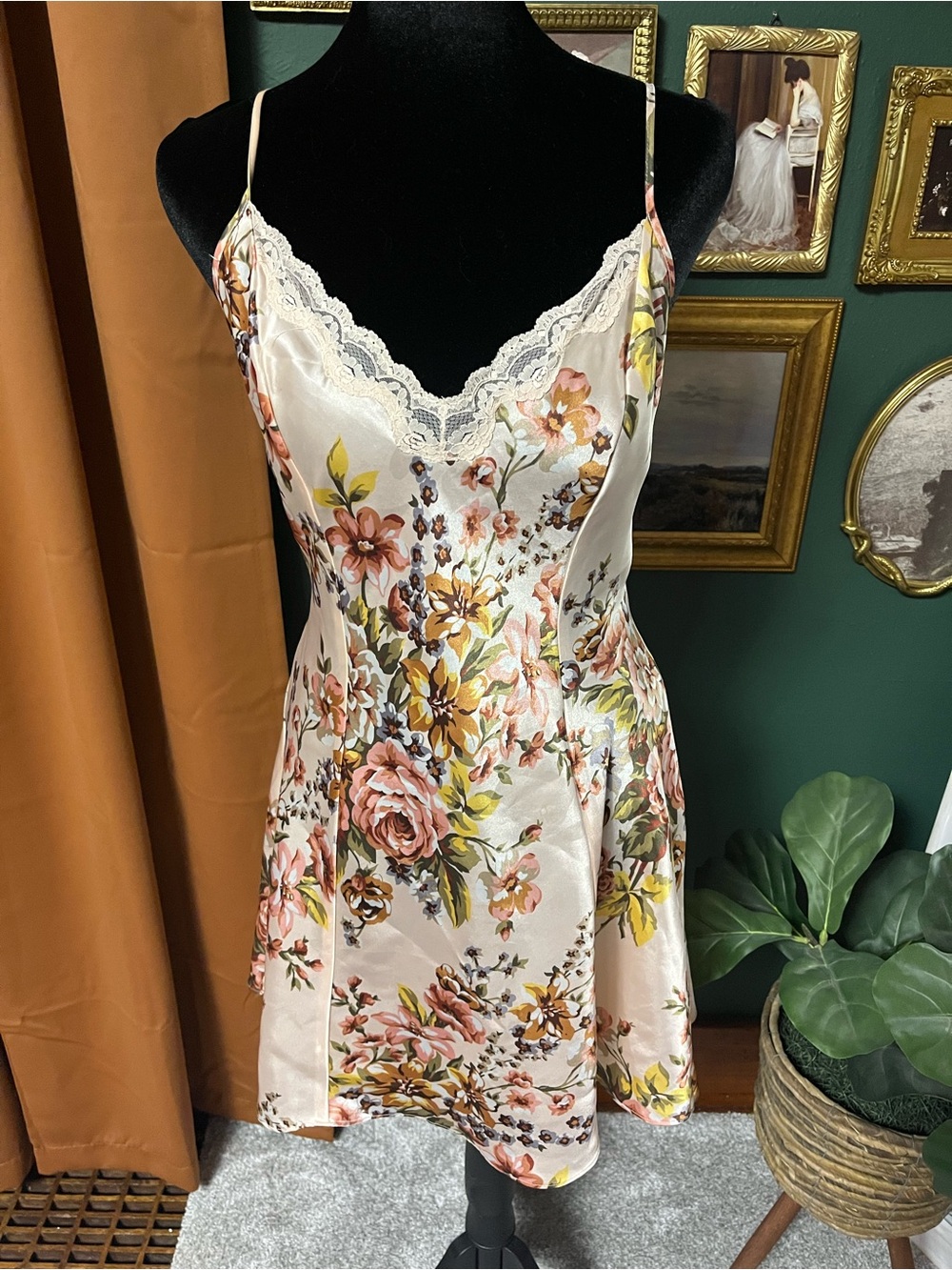Vintage Victorias Secret Floral Lace Trim Satin Slip Dress in Cream and Pink